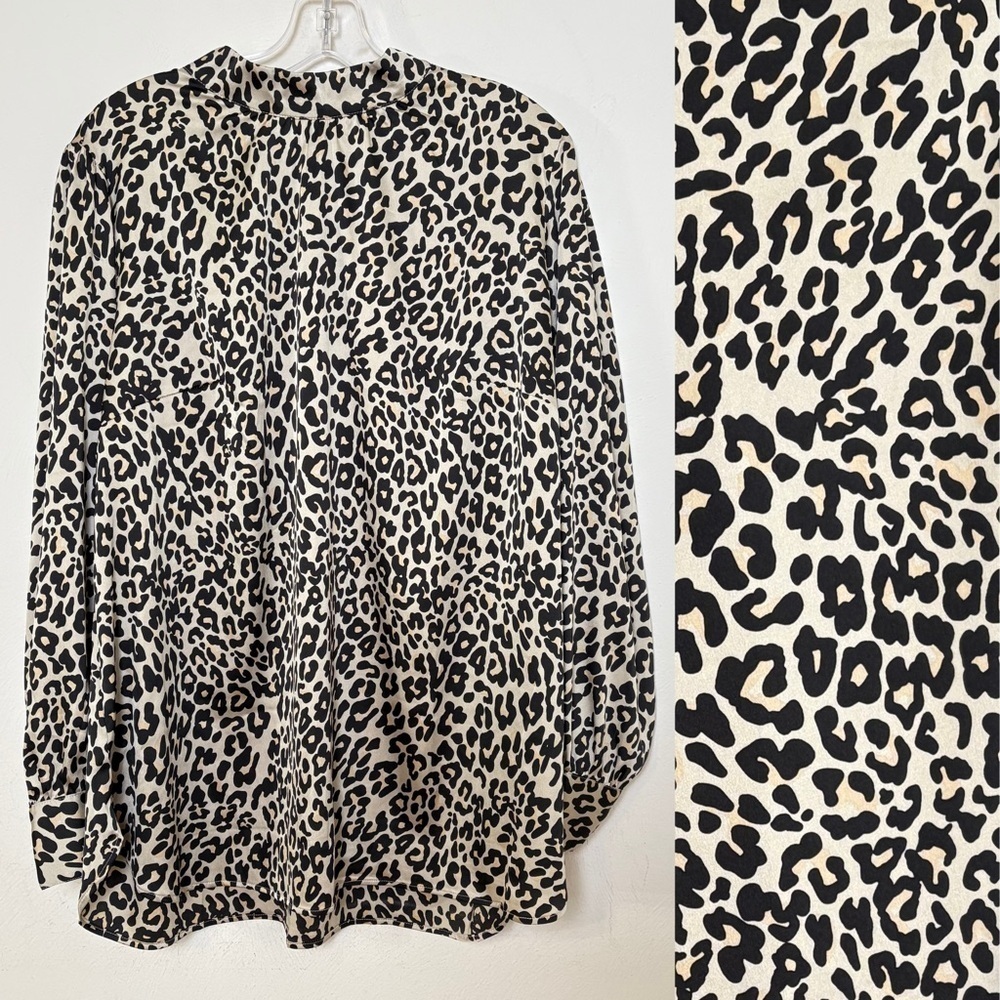 LOFT Leopard Print Silk Feel Silky Mock Neck Long Sleeve Blouse Top Shirt 16